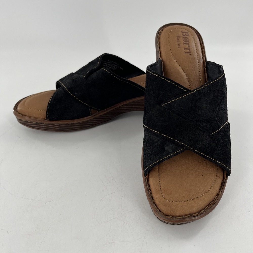 BORN BOC Leather Women Black Strappy Slide Open Toe Block Heel Teayo US 10 EU 42